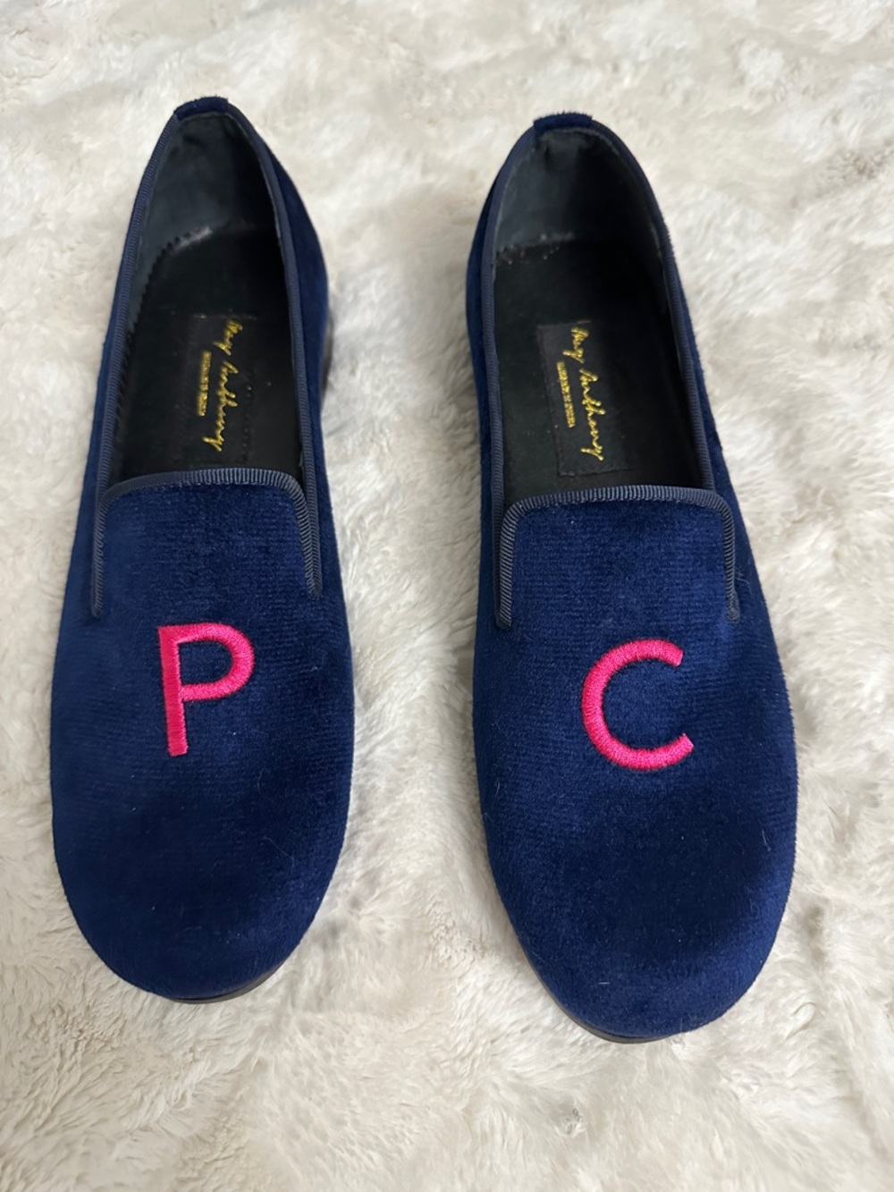 May Anthony monogram blue velvet loafers Sz 10 wide